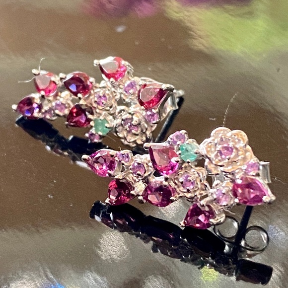 Genuine Rhodolite Emerald Amethyst Earrings - Picture 6 of 9